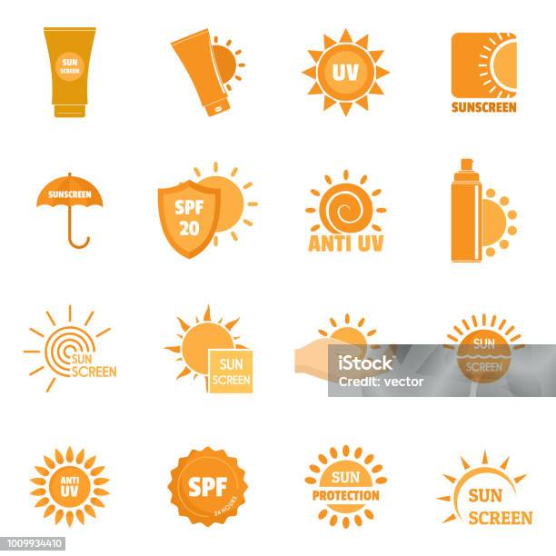 Soleil Protection Solaire Protéger Jeu Dicônes De Symboles Style Plat Vecteurs libres de droits et plus d'images vectorielles de Crème solaire