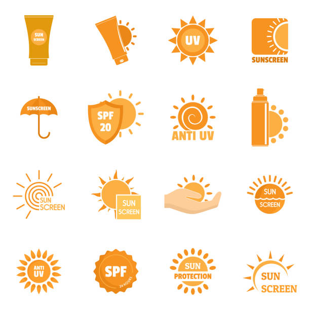 Sunscreen sun protect symbol icons set, flat style Sunscreen sun protection symbol icons set. Flat illustration of 16 sunscreen sun protection symbol vector icons for web uv light stock illustrations