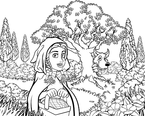 Scene from the childrens fairytale of  little red riding hood cartoon character holding her basket walking through the woods to gradmas house as the big bad wolf peeks from around a tree.