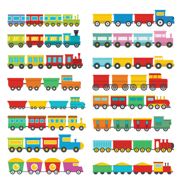 ilustrações de stock, clip art, desenhos animados e ícones de train toy children icons set, flat style - train steam train vector silhouette