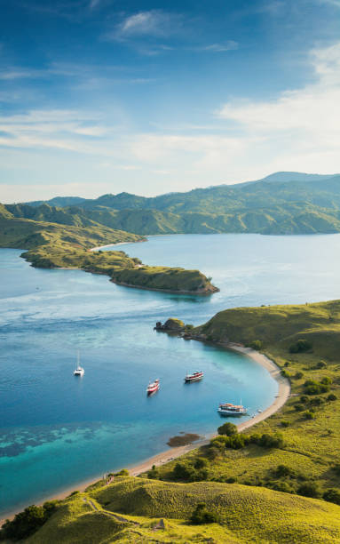 View from Gili Lawa Top view of Gili Lawa in an evening with blue sea and tourist boats, Komodo Island (Komodo National Park), Labuan Bajo, Flores, Indonesia pulau komodo stock pictures, royalty-free photos & images