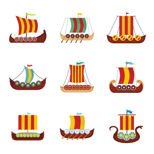 illustrazioni stock, clip art, cartoni animati e icone di tendenza di set icone drakkar barca vichinga, stile piatto - drakkar