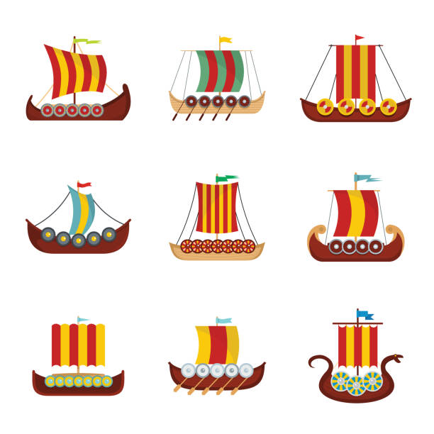 ilustrações de stock, clip art, desenhos animados e ícones de viking ship boat drakkar icons set, flat style - sailing ship military ship passenger ship pirate