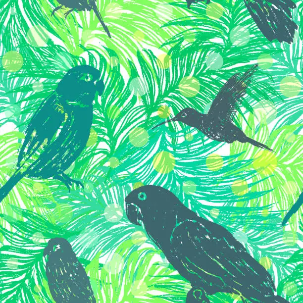 Vector illustration of Ink hand drawn Jungle seamless pattern with Birds on Palm leaves background