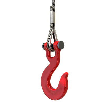 Red lifting crane hook with steel rope and thimble. Industrial and building theme. 3D render Illustration isolated on a white background.