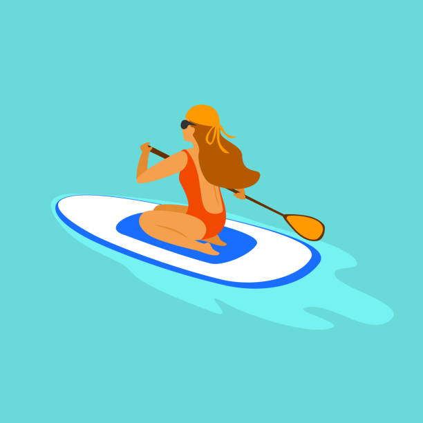 girl paddleboarding, sitting paddling on a board in the sea graphic girl paddleboarding, sitting paddling on a board in the sea graphic paddleboard stock illustrations