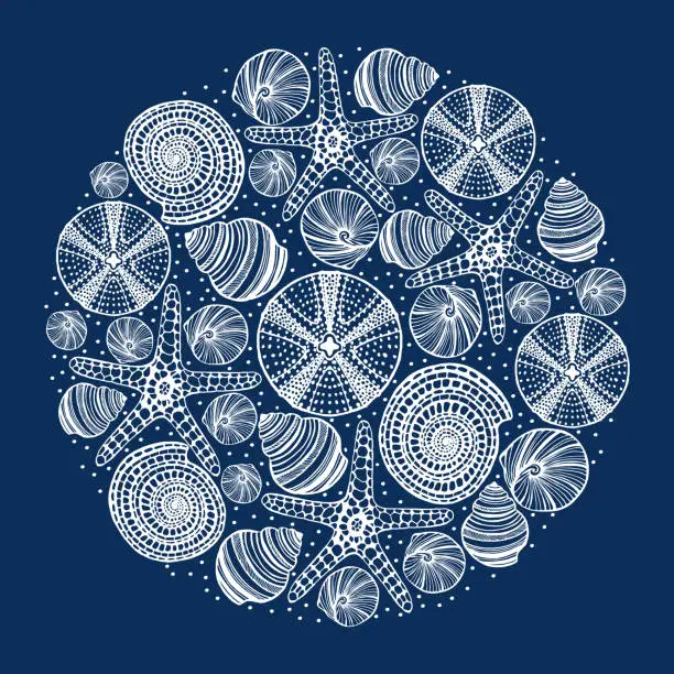 Vector illustration of Dark Round Composition with Shells Urchins and Starfishes in Hand-Drawn Style
