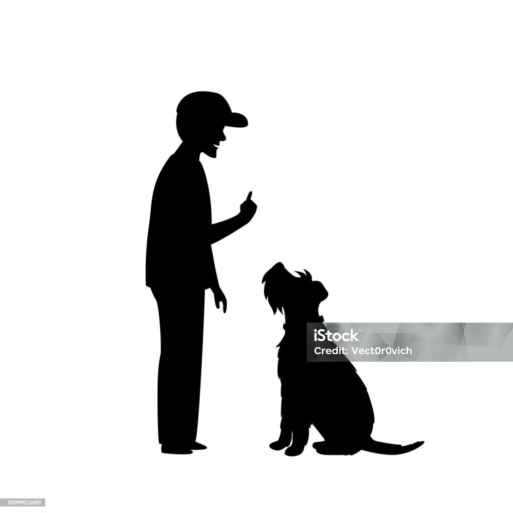 man teaching his dog basic obedience command sit silhouette scene Dog stock vector