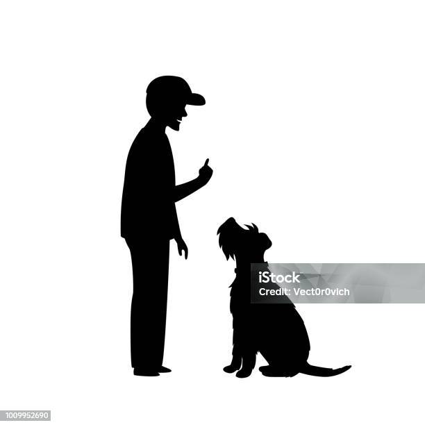 Man Teaching His Dog Basic Obedience Command Sit Silhouette Scene Stock Illustration - Download Image Now