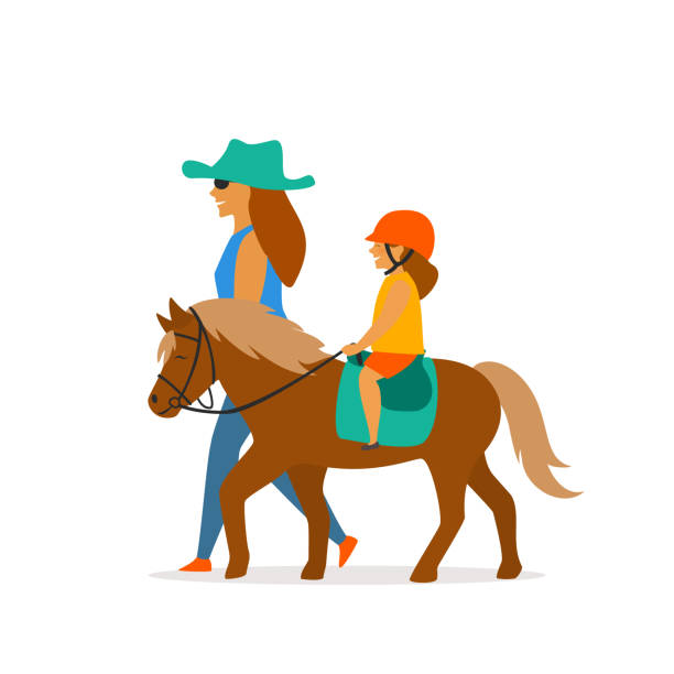 작은 여 자가 타기 조랑말 벡터 그래픽 - horseback riding illustrations stock illustrations