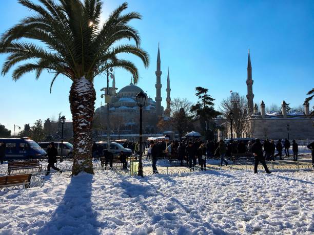 Sultanahmet, Istanbul, Turkey - January 1, 2016: A snowy Blue Mosque (Sultanahmet) view in first day of the year.