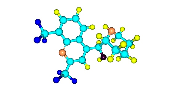 Mefloquine is a medication used to prevent or treat malaria.When used for prevention it is taken once a week and should be started one or two weeks before potential exposure. 3d illustration