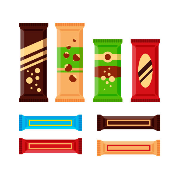 zestaw kolorowych ikon czekoladowych batoników izolowanych na białym tle. produkt czekoladowy, baton białkowy do automatu w stylu płaskim - chocolate candy bar chocolate candy foil stock illustrations