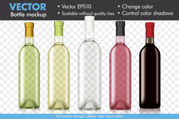 Transparent Vector Wine Bottle Mockup, Change Color and Color Shadows vector art illustration