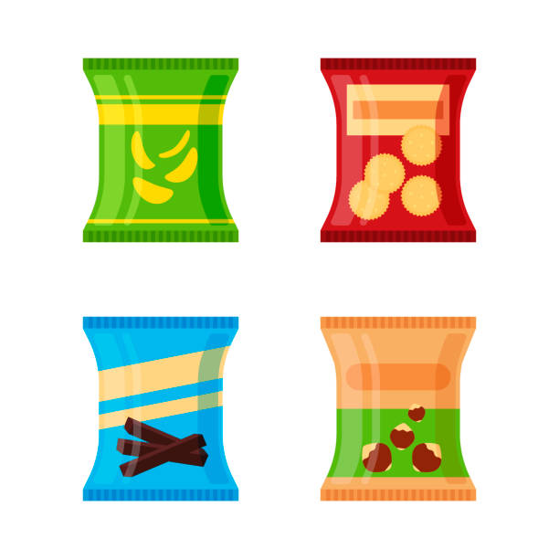 ilustrações, clipart, desenhos animados e ícones de varas de conjunto de petiscos diferentes - chips salgados, biscoito, chocolate, nozes isolados no fundo branco. produto para máquina de vending. plana ilustração em vetor - cracker cookie snack dessert