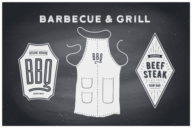 Barbecue, grill set. Poster bbq diagram and scheme - barbecue grill tools. Set of bbq stuff, apron, brand label of steak grill house. Black chalkboard, hand drawn, chalk. Vector illustration