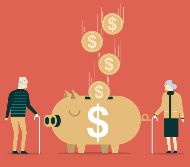 ilustrações, clipart, desenhos animados e ícones de poupança no banco piggy - pension currency senior adult couple