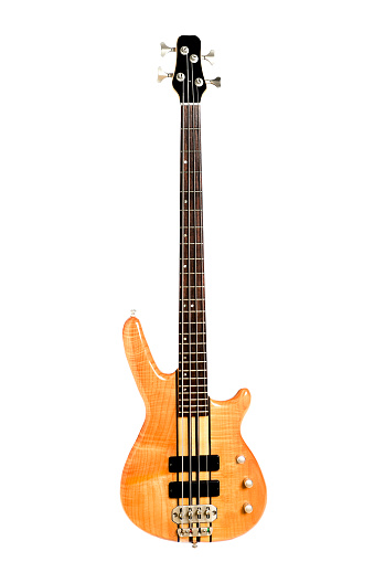 A modern electric bass in beautiful natural maple wood.