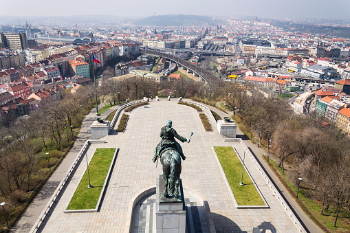 Prague, Czech Republic - April 9, 2018: Prague panorama skyline aerial view with Jan Zizka equestrian statue in front of National memorial Vitkov on April 9, 2018 in Prague, Czech Republic.