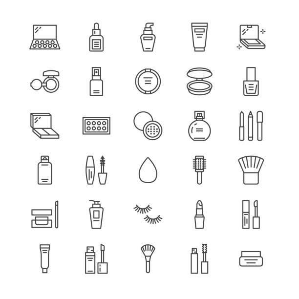 Makeup beauty care flat line icons. Cosmetics illustrations of lipstick, mascara, powder, eyeshadows, cushion foundation, nail polish, hair brush shampoo. Pixel perfect 64x64. Editable Strokes Makeup beauty care flat line icons. Cosmetics illustrations of lipstick, mascara, powder, eyeshadows, cushion foundation, nail polish, hair brush shampoo. Pixel perfect 64x64. Editable Strokes. eyeliner brush stock illustrations