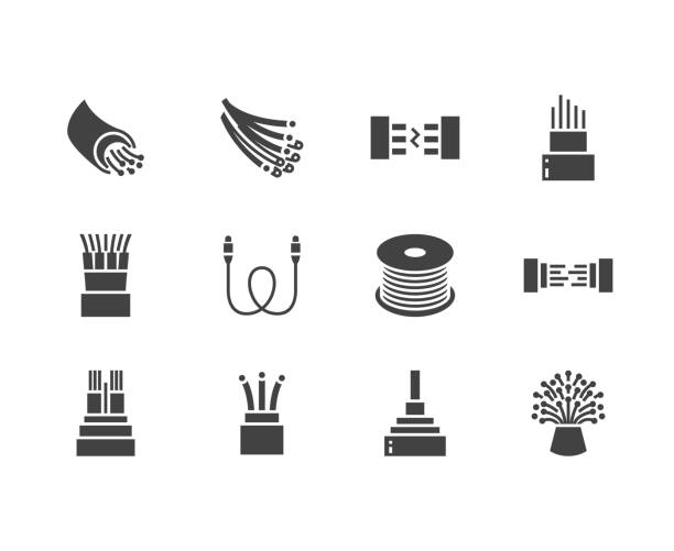 Optical fiber flat glyph icons. Network connection, computer wire, cable bobbin, data transfer. Signs for electronics store, internet services. Solid silhouette pixel perfect 64x64 Optical fiber flat glyph icons. Network connection, computer wire, cable bobbin, data transfer. Signs for electronics store, internet services. Solid silhouette pixel perfect 64x64. fibre channel stock illustrations