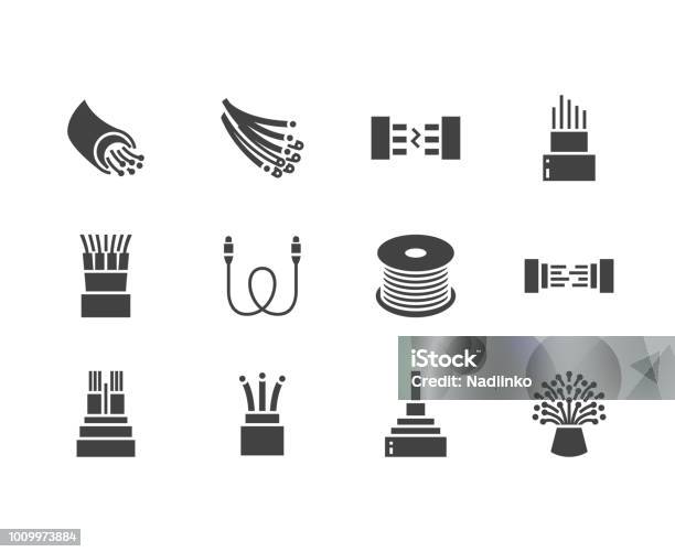 Optical Fiber Flat Glyph Icons Network Connection Computer Wire Cable Bobbin Data Transfer Signs For Electronics Store Internet Services Solid Silhouette Pixel Perfect 64x64 Stock Illustration - Download Image Now