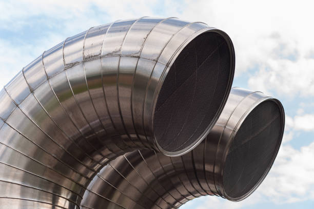 istock Stainless steel pipes. Air exchange ducts, underground constructions. 1009988440