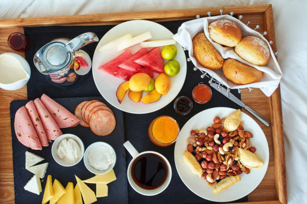 istock Top view of breakfast in bed in Azerbaijan hotel 1009993806