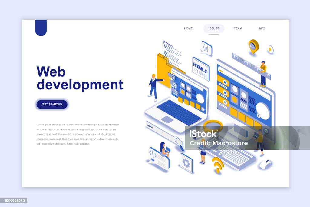 Web development modern flat design isometric concept. Web development modern flat design isometric concept. Developer and people concept. Landing page template. Conceptual isometric vector illustration for web and graphic design. Isometric Projection stock vector