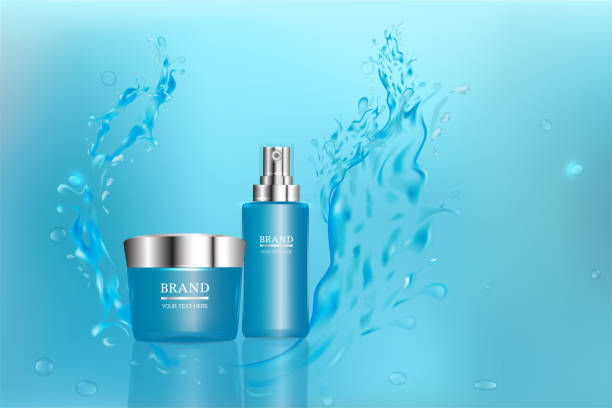 istock Beauty product, blue cosmetic containers with advertising background ready to use, water splash luxury skin care ad 1010001824