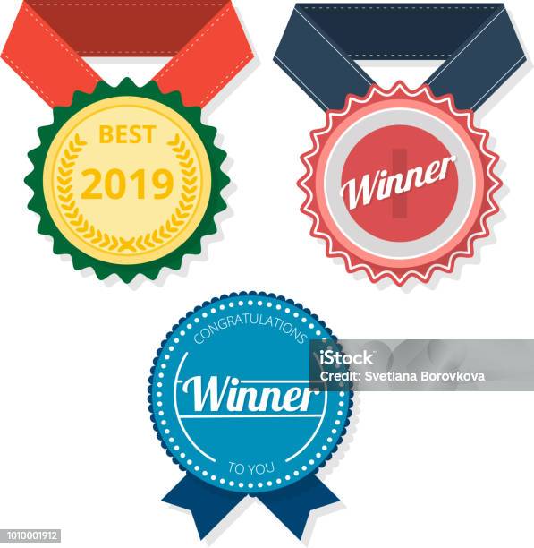 Winner And Best 2019 Awards Isolated On White Stock Illustration - Download Image Now - 2019, Award, Award Ribbon