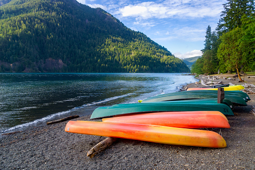 Row of colorful kayaks lying on the shore of Lake Crescent on late afternoon, Olympic National Park, Washington State, USA.