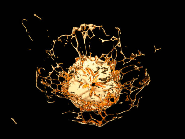 istock Liquid gold or oil splatter and splashes isolated on black. 3d render, 3d illustration 1010011816