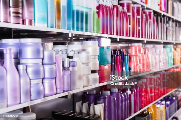 Image Of Shelves With Conditioners And Mousses For Hair In The Store Stock Photo - Download Image Now