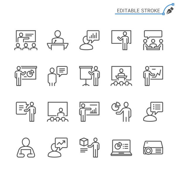 ilustraciones, imágenes clip art, dibujos animados e iconos de stock de iconos de línea de presentación de negocios. movimiento editable. pixel perfecto. - señal mensaje ilustraciones