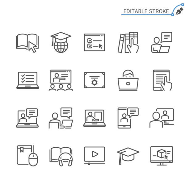 ilustraciones, imágenes clip art, dibujos animados e iconos de stock de iconos de la línea de educación en línea. movimiento editable. pixel perfecto. - train