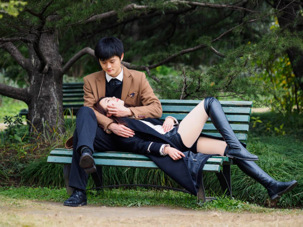 Portrait of couple of Chinese young people sit in bench in autumn park,  lover concept. Portrait of couple of Chinese young people sit in bench in autumn park,  lover concept. niñas stock pictures, royalty-free photos & images