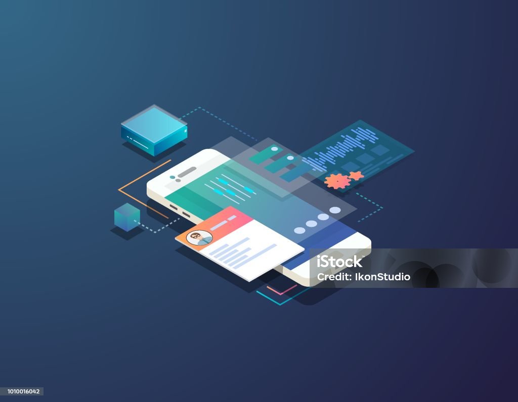 Isometric mobile development illustration Mobile development concept. Isometric mobile phone with futuristic UI and layers of applications. App on mobile phone. Innovation in UI and software development. Mobile App stock vector