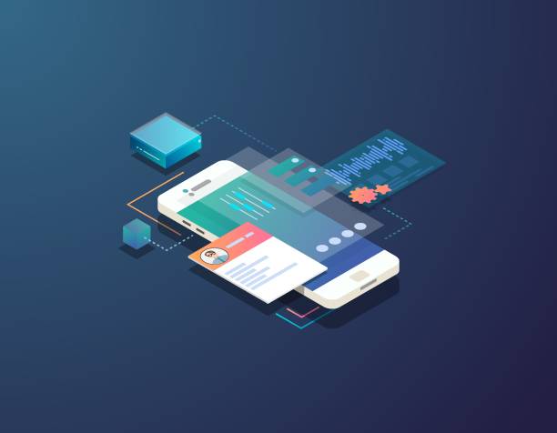 Isometric mobile development illustration Mobile development concept. Isometric mobile phone with futuristic UI and layers of applications. App on mobile phone. Innovation in UI and software development. equipment illustrations stock illustrations