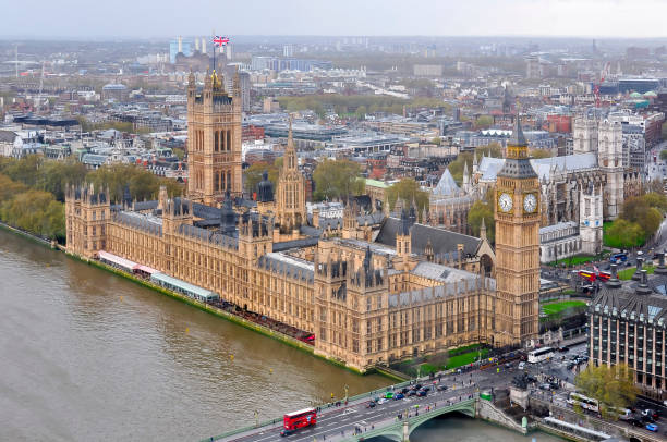 ウェストミン スター宮殿とビッグベン、ロンドン、英国 - london england thames river millennium wheel aerial view ストックフォトと画像