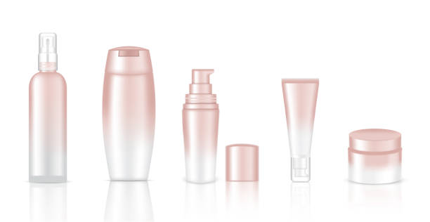 istock Mock up Realistic Rose Gold Pastel Color Cosmetic Soap, Shampoo, Cream and Spray Bottles Set on White Background Illustration 1010022850