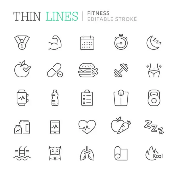 Vector illustration of Collection of fitness related line icons. Editable stroke