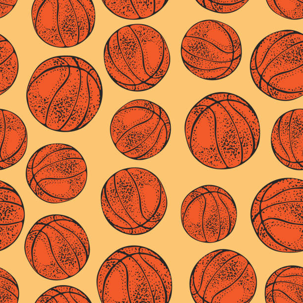 ilustrações de stock, clip art, desenhos animados e ícones de vector seamless pattern with basketball balls. hand drawn sport illustration. cartoon style background. - retro revival basketball american culture sport