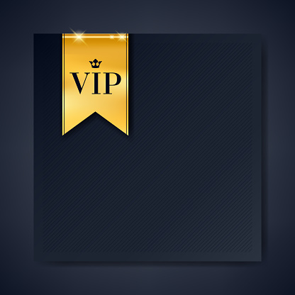 VIP club party premium invitation card poster flyer. Black and golden design template with copy space. Golden ribbons with round stamp label decorative vector background.