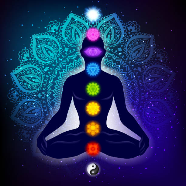 meditieren menschen in lotus-pose. yoga-abbildung. - vishuddha stock-grafiken, -clipart, -cartoons und -symbole