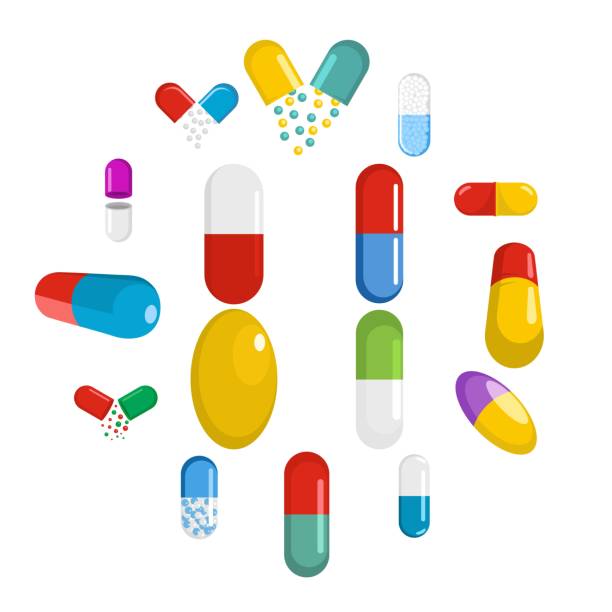 캡슐 알 약 아이콘을 설정, 평면 스타일 - capsule medicine vitamin pill narcotic stock illustrations