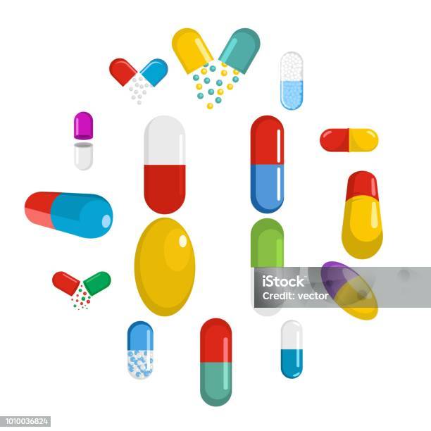 Capsule Pill Medicine Icons Set Flat Style Stock Illustration - Download Image Now - Pill, Capsule - Medicine, Icon Symbol