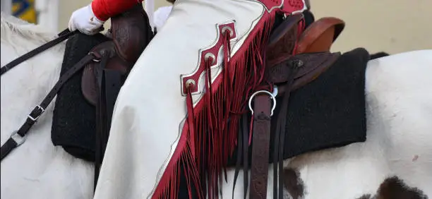 Red and white cowboy chaps riding horse