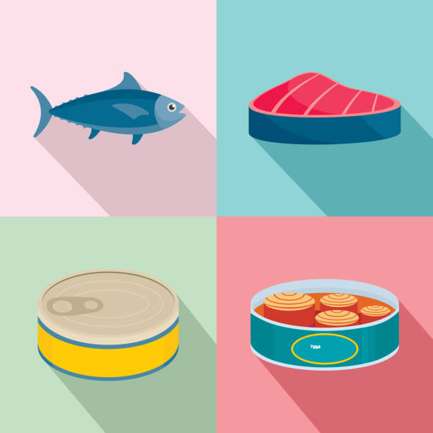 illustrazioni stock, clip art, cartoni animati e icone di tendenza di tonno pesce può bistecca icone set, stile piatto - tuna seared tuna steak prepared ahi