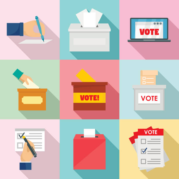 ilustrações de stock, clip art, desenhos animados e ícones de ballot voting box vote icons set, flat style - interface icons election voting usa